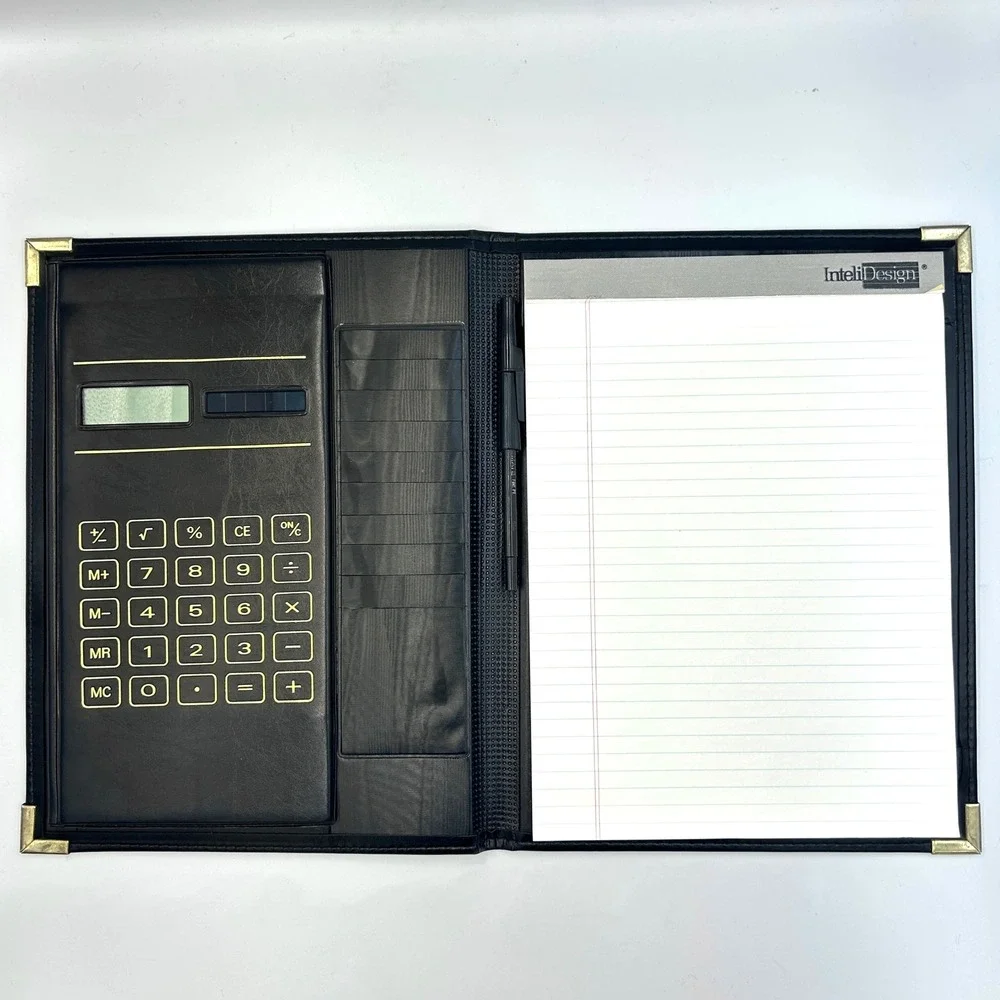 Vintage InteliDesign Portfolio Faux Leather Solar Calculator Padfolio 90s Black